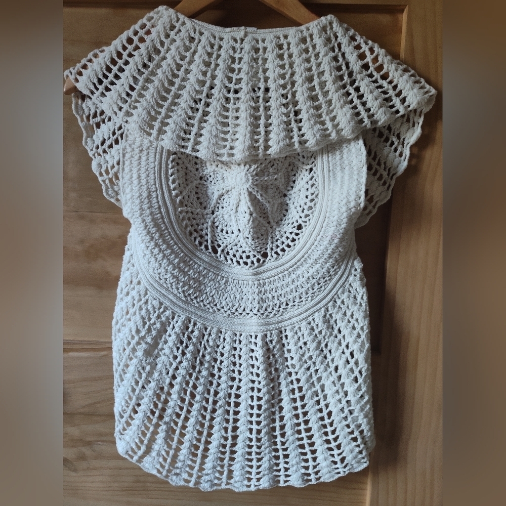 Icing Women's Cream Crochet Knit Grandma Core Sweater Cardigan Vest | Small - Picture 2 of 5